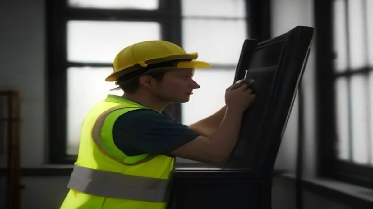 A technician in a hi-vis vest checking a rack with a thermal camera in late afternoon light from high windows
